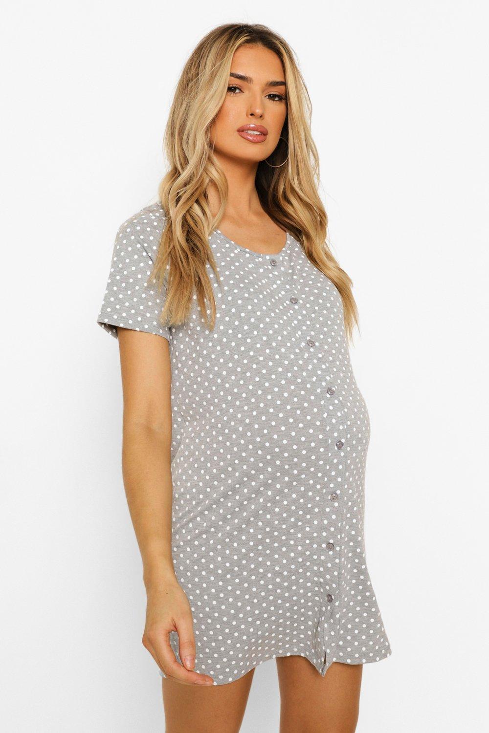 Womens Maternity Polka Dot Button Front Nightie - Grey - 16, Grey